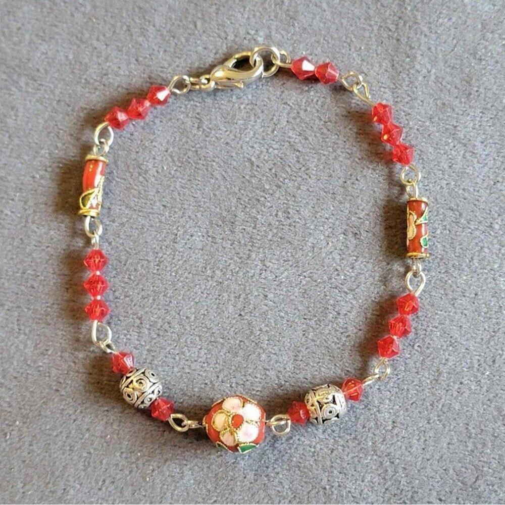 Red Crystal And Floral Cloisonne Beaded Bracelet